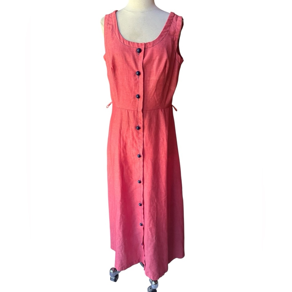 Possible 1930s Linen Blend, Front Shank Button Down Sleeveless Maxi Dress